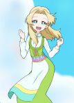  1girl :d agnete_(precure) apron bangs blonde_hair blue_sky clenched_hands clouds cloudy_sky commentary day dress green_dress green_eyes hair_intakes half-closed_eyes high_collar kayabakoro long_dress long_hair long_sleeves looking_at_viewer open_mouth outdoors precure shirt sky smile solo standing tropical-rouge!_precure white_apron white_shirt 