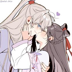  1boy 1girl blue_eyes blush braid brown_eyes brown_hair chinese_clothes closed_eyes commentary_request couple crown_braid grey_hair hand_on_another's_face hanfu hetero highres kiss kissing_cheek long_hair love_and_deepspace mtsk_0420 official_alternate_costume official_alternate_hairstyle protagonist_(love_and_deepspace) red_ribbon ribbon teeth twitter_username watermark white_background white_hanfu xavier_(love_and_deepspace) 
