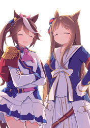 2girls absurdres animal_ears ascot blue_jacket blush bow brown_hair buttons cape closed_eyes closed_mouth commentary_request double-breasted dress ear_bow ear_ribbon epaulettes grass_wonder_(stone-piercing_blue)_(umamusume) grass_wonder_(umamusume) hair_between_eyes high_ponytail highres horse_ears horse_girl horse_tail jacket kanzakietc long_hair long_sleeves multicolored_hair multicolored_jacket multiple_girls open_mouth pink_ascot ponytail red_cape sailor_collar simple_background single_epaulette skirt streaked_hair tail tokai_teio_(peak_joy)_(umamusume) tokai_teio_(umamusume) two-tone_hair two-tone_jacket two-tone_skirt umamusume white_background white_dress white_hair white_jacket white_sailor_collar white_skirt 