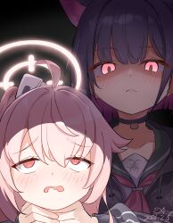  2girls absurdres ahoge animal_ears black_choker black_hair black_jacket blue_archive blush cat_ears cat_girl chinese_commentary choker closed_mouth colored_inner_animal_ears colored_inner_hair commentary_request green_sailor_collar halo highres jacket kazusa_(blue_archive) long_hair meme multicolored_hair multiple_girls natsu_(blue_archive) neckerchief open_mouth pink_eyes pink_hair pink_halo pink_neckerchief red_eyes sailor_collar sanwenyu_juan_bing shaded_face short_hair side_ponytail strangling two-tone_hair 