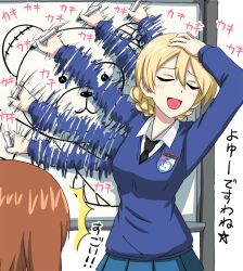  2girls adjusting_hair black_necktie blonde_hair blue_jacket blue_skirt boko_(girls_und_panzer) brown_hair chalkboard closed_eyes darjeeling_(girls_und_panzer) emblem feet_out_of_frame girls_und_panzer highres jacket jujutsu_kaisen long_hair marker meme multiple_girls naoya_hitting_choso_without_looking_(meme) necktie nishizumi_miho omachi_(slabco) open_mouth school_uniform shirt short_hair skirt solo_focus st._gloriana's_(emblem) st._gloriana's_school_uniform standing translation_request white_shirt 