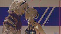  1boy 1girl absurdres bare_shoulders black_hairband blue_background blue_negligee border braid braided_hair_rings breasts brown_eyes datharuss fur-trimmed_jacket fur_trim grey_border hair_rings hairband hashtag-only_commentary highres jacket kaine_(nier) leaning_forward looking_at_another medium_breasts medium_hair negligee nier_(brother) nier_(brother)_(post_timeskip) nier_(series) twitter_username upper_body white_hair 