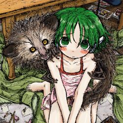  1girl animal animal_on_shoulder aye-aye bare_shoulders blush_stickers bubbacterial camisole green_eyes green_hair highres kneeling looking_at_viewer multi_(to_heart) robot_ears shirt short_hair solo to_heart to_heart_(series) white_shirt 