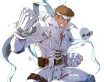  1boy belt belt_pouch brown_belt brown_eyes brown_hair character_name clenched_hands clenched_teeth cyberbots dated fighting_stance gloves headband male_focus o-ring osanpogakari pouch saotome_jin scarf solo spikes teeth thigh_strap white_gloves white_headband white_scarf 