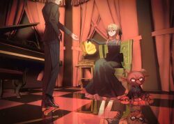  1boy 1girl absurdres black_dress black_ribbon blonde_hair commentary curtains demon dress green_eyes highres instrument maka_albarn outstretched_arm phonograph piano piyo_main reaching reaching_towards_another reflective_floor ribbon sitting smile soul_eater soul_evans suit symbol-only_commentary tile_floor tiles twintails white_hair 