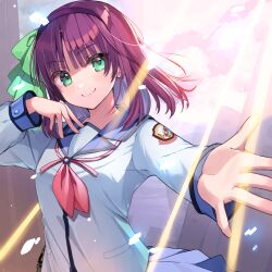  1girl angel_beats! blue_skirt blunt_bangs bow closed_mouth commentary_request day eyes_visible_through_hair green_bow green_eyes hair_bow hairband hand_up heaven_burns_red key_(company) long_sleeves looking_at_viewer medium_hair nakamura_yuri neckerchief official_art outdoors outstretched_arm outstretched_hand pink_neckerchief purple_hair purple_hairband school_uniform shinda_sekai_sensen_uniform shirt skirt smile solo straight_hair sunlight upper_body white_shirt yushima 