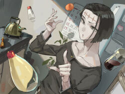  1girl absurdres black_hair black_shirt brown_pants buttons calendar_(object) day food fruit grey_eyes highres honey indoors itadori_kaori jujutsu_kaisen kakapyramid kenjaku kettle kitchen long_sleeves mayonnaise mayonnaise_bottle medium_hair open_mouth orange_(fruit) pants pepper_shaker pink_nails plant potted_plant refrigerator salt salt_shaker scar scar_on_face scar_on_forehead shirt standing star_(symbol) telekinesis 