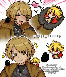  1boy 1girl a_certain_sinclair_(project_moon) adversarial_noise animal_on_shoulder arrow_through_heart bird bird_on_shoulder black_bird black_coat black_shirt blonde_hair closed_eyes closed_mouth coat commentary_request curtained_hair dated don_quixote_(project_moon) eyelashes frown fur_shawl hair_between_eyes hair_intakes heart highres holding holding_mini_person limbus_company long_hair low_ponytail mini_person minigirl open_clothes open_coat open_mouth person_on_shoulder ponytail popopopoooooooy project_moon red_shawl sancho_(project_moon) scar scar_on_cheek scar_on_face shawl shirt short_hair sinclair_(project_moon) slit_pupils smile spoken_heart swept_bangs teeth tongue trench_coat tsurime turtleneck turtleneck_shirt twitter_username undershirt upper_teeth_only watermark white_background yellow_coat yellow_eyes zipper_pull_tab 