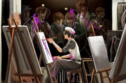  1boy apron aseah_(project_moon) beret black_hair black_shirt character_request commentary_request dongbaek_(project_moon) dongrang_(project_moon) easel facial_mark gubo_(project_moon) hand_up hat highres holding holding_paint_palette icco_ho limbus_company long_sleeves official_alternate_costume paint_palette paint_splatter painting_(action) painting_(object) people ponytail portrait_(object) project_moon ring_(identity)_(project_moon) shirt sitting sleeves_rolled_up stool teardrop_facial_mark waistband white_apron yi_sang_(project_moon) 