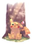  absurdres berry_(pokemon) black_eyes blurry commentary_request grass highres looking_up no_humans one_eye_closed onsen_mikan pikachu pokemon pokemon_(creature) sitting solo tree 