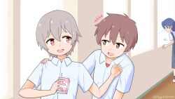  +++ 1girl 2boys :d artist_name bare_arms blue_hair brown_eyes brown_hair collared_shirt commentary_request drink_carton fujoshi grey_eyes hair_between_eyes hand_on_another's_shoulder happyundergate highres holding holding_drink_carton indoors male_focus multiple_boys onii-chan_wa_oshimai! open_mouth red_eyes sakurada_yuuta senkawa_minato shirt short_hair short_sleeves skirt smile suspender_skirt suspenders tachikawa_aoi twitter_username white_shirt wing_collar 
