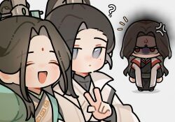  3boys :d ? anger_vein angry asymmetrical_bangs aura bindi black_hair black_hanfu blue_eyes blush chibi chibi_only chinese_clothes closed_eyes closed_mouth coat collared_jacket curtained_hair dark_aura foreshortening green_hanfu half_updo hand_up hanfu hashtag-only_commentary high_ponytail highres jacket jealous layered_sleeves liu_qingge long_hair long_sleeves looking_at_another looking_at_viewer luo_binghe male_focus mole mole_under_eye multiple_boys notice_lines outstretched_arm parted_bangs ponytail red_eyes renzha_fanpai_zijiu_xitong ribboned_xiao_guan shaded_face shadow shen_qingqiu single_sidelock smile standing taking_picture v v-shaped_eyebrows very_long_hair white_background white_coat white_hanfu zorenbigmalo zuiyin 