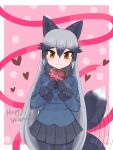  1girl :3 afterimage animal_ears aramaru bangs black_bow black_bowtie black_hair black_legwear black_shirt black_skirt blazer blue_jacket blush bow bowtie box brown_eyes closed_mouth cowboy_shot english_commentary extra_ears fang fox_ears fox_tail fur-trimmed_sleeves fur_collar fur_trim gift gift_box gradient_hair grey_hair happy_valentine heart heart-shaped_box highres holding holding_gift jacket kemono_friends long_hair long_sleeves looking_at_viewer miniskirt motion_lines multicolored_hair necktie outside_border pantyhose pink_background pleated_skirt polka_dot polka_dot_background ribbon shirt silver_fox_(kemono_friends) skirt smile solo standing tail tail_wagging valentine very_long_hair 