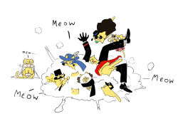  >_< >_o 1boy absurdres animalization arm_up black_cape black_gloves black_hat black_necktie black_pants black_scarf black_shoes black_sleeves blonde_hair blue_cape blue_hat cape cat cavalier_hat chain cinq_association_east_uniform cinq_association_south_uniform collar cross-laced_shoes cuffs diving don_quixote_(project_moon) e.g.o_(project_moon) gloves goat_horns hair_ornament hat heart heart_hair_ornament heishou_pack-wei_branch_(identity)_(project_moon) highres holding holding_pocket_watch horns in_the_name_of_love_and_hate_(e.g.o) index_(identity)_(project_moon) limbus_company magical_girl middle_(identity)_(project_moon) monocle necktie nugii o_o one_eye_closed open_hand oxfords pants peaked_cap pocket_watch project_moon red_shawl red_trim ribbed_socks round_eyewear sancho_(project_moon) scarf shackles shawl shoes sinclair_(project_moon) smoke socks sunglasses sweat t_corp._(identity)_(project_moon) tearing_up too_many too_many_cats top_hat trilby twintails w_corp._(identity)_(project_moon) watch white_cape white_socks yellow_cat 