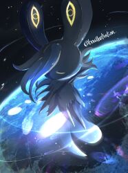  1other blue_fur bo_(bouillustration) colored_sclera commentary_request earth_(planet) furry highres mega_meowstic mega_pokemon meowstic other_focus planet pokemon pokemon_(creature) pokemon_focus solo space split-color_fur tail white_fur yellow_eyes yellow_sclera 