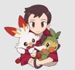  1boy bangs brown_eyes brown_hair buttons commentary_request grookey highres holding holding_pokemon jiugong_chi male_focus parted_lips pokemon pokemon_(creature) pokemon_(game) pokemon_swsh red_shirt scorbunny shirt short_hair sleeves_rolled_up upper_body victor_(pokemon) 