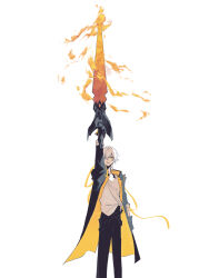  1boy 32c1ff arm_up black_coat black_gloves black_pants caelus_(honkai:_star_rail) coat commentary_request cowboy_shot fingerless_gloves fire gloves grey_hair hair_between_eyes highres holding holding_sword holding_weapon honkai:_star_rail honkai_(series) hood hooded_coat lapels long_sleeves looking_at_viewer male_focus open_clothes open_coat pants shirt short_hair simple_background solo standing sword t-shirt teeth trailblazer_(honkai:_star_rail) two-sided_coat two-sided_fabric v-shaped_eyebrows weapon white_background white_shirt yellow_coat yellow_eyes 