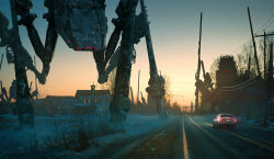  bare_tree blue_sky building car cattail commentary english_commentary gradient_sky grass highres mecha motor_vehicle no_humans original painterly plant power_lines raphael-lacoste road robot scenery science_fiction signature sky snow street tree utility_pole village winter yellow_sky 