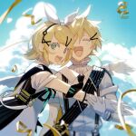 1boy 1girl aqua_eyes bangs bass_clef black_necktie black_ribbon black_sash blonde_hair bloom blurry chi_ya closed_eyes clouds depth_of_field gloves highres hug kagamine_len kagamine_rin looking_at_viewer looking_to_the_side neck_ribbon necktie open_mouth outdoors outstretched_arms ribbon sash shirt short_hair short_sleeves sky smile streamers swept_bangs treble_clef upper_body vocaloid white_gloves white_shirt 