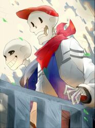  2019 2boys 2d alternate_costume baseball_hat blue_jacket blue_shirt brothers commentary digital_media double_horizontal_stripe duo english_commentary grey_hood grey_stripes hat hood hood_down hooded_jacket horizontal-striped_clothes humanoid jacket male male_focus male_only monster monster_boy multiple_boys open_clothes open_jacket papyrus_(undertale) railing red_hat red_scarf sans_(undertale) scarf shirt siblings skeleton striped_clothes striped_jacket teeth undead undertale upper_body utdr_(toby_fox) veah3 white_shirt 