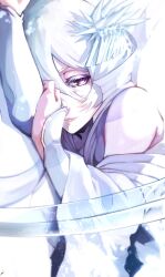  1girl absurdres arm_warmers bankai bare_shoulders bleach bleach:_sennen_kessen-hen closed_mouth collared_dress colored_eyelashes commentary_request dress dutch_angle eyelashes hair_between_eyes hair_ornament hakka_no_togame_(bankai) highres ice isana! kanzashi katana kuchiki_rukia lips long_sleeves looking_at_viewer lying making-of_available official_alternate_costume official_alternate_hair_color on_side short_hair signature simple_background smile snowing solo sword upper_body violet_eyes weapon white_arm_warmers white_background white_dress white_hair wide_sleeves 