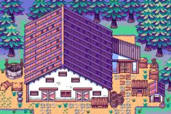  barrel bowl bucket chicken_coop doghouse door farm hay highres no_humans original pet_bowl pixel_art sgampagani stone_walkway tree well 