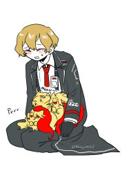  1boy absurdres animalization black_coat black_gloves black_pants black_sleeves blonde_hair blush cat closed_eyes coat collared_shirt commentary don_quixote_(project_moon) dress_shirt facing_viewer fur_shawl gloves hair_between_eyes highres id_card lapels layered_sleeves limbus_company long_sleeves necktie nugii open_clothes open_coat open_mouth pants project_moon red_necktie red_shawl rounded_collar sancho_(project_moon) seiza shawl shirt sinclair_(project_moon) sitting sound_effects suspender_pants sweatdrop symbol-only_commentary twitter_username undershirt white_background white_shirt white_sleeves white_trim yellow_cat 