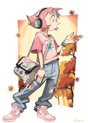 1girl absurdres alternate_costume autumn autumn_leaves bag baggy_pants bead_bracelet beads bracelet character_charm character_doll charm_(object) denim doll fawken forehead_jewel gallade gem headphones highres homestuck jeans jewelry leaf logo nasa_logo necklace nike_(company) pants pearl_(gemstone) pearl_(steven_universe) pokemon rose_quartz_universe shirt shoes shoulder_bag sneakers solo standing star_(symbol) steven_universe t-shirt torn_clothes torn_jeans torn_pants tree troll_(homestuck) 