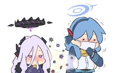  ako_(blue_archive) blue_archive blue_hair blue_halo blush commentary_request demon_girl demon_horns halo highres hina_(blue_archive) hong_hongcha horns long_hair mask medium_hair mouth_mask open_mouth sick simple_background snot surgical_mask upper_body violet_eyes virus white_background white_hair 