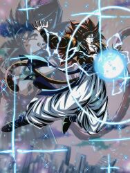  2boys absurdres aura big_bang_kamehameha blue_eyes blue_sash body_fur dougi dragon_ball dragon_ball_gt earrings full_body gogeta highres jewelry kamehameha_(dragon_ball) long_hair male_focus metamoran_vest monkey_boy monkey_tail multiple_boys muscular muscular_male no_nipples pants pectorals potara_earrings powering_up red_fur red_hair sai_t_d saiyan sash solo spiky_hair super_saiyan super_saiyan_4 tail vegetto 