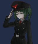  1girl bangs belt black_belt black_coat black_headwear blue_background brown_cardigan cardigan closed_eyes closed_mouth coat collared_shirt colored_skin commentary_request cookie_(touhou) cowboy_shot daiyousei diyusi_(cookie) green_hair hat highres military military_hat military_uniform necktie pale_skin papers_please red_necktie salute shirt side_ponytail simple_background solo surauta touhou uniform white_shirt 