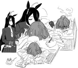  2girls agnes_tachyon_(umamusume) ahoge animal_ears blunt_ends closed_eyes computer cup hand_on_own_stomach head_on_table head_steam highres horse_ears horse_girl hpar kiss laptop long_hair manhattan_cafe_(umamusume) motion_lines multiple_girls paper plate sleeping spoon umamusume very_long_hair 