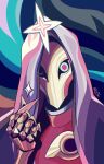  1boy dark_cosmic_jhin hand_up highres hood hood_up jhin kenneky league_of_legends looking_at_viewer male_focus mask multicolored_background pink_eyes sniping solo upper_body 