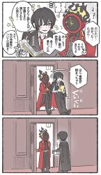  1boy 1other black_eyes black_hair black_pants black_shoes black_vest cape clock coat coat_on_shoulders collared_shirt dante_(limbus_company) highres holding holding_tray lapels limbus_company mephistopheles_(project_moon) necktie notched_lapels open_mouth pants project_moon red_cape red_coat red_necktie shirt shoes smile speech_bubble tama_launcher translation_request tray two-sided_coat two-sided_fabric vest white_shirt yi_sang_(project_moon) 