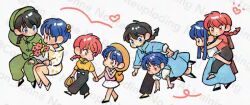  backpack bag beret black_hair black_pants black_shoes blue_dress blue_eyes blue_hair braid brown_bag brown_eyes carrying carrying_person chibi chibi_only closed_mouth commentary_request con_sonne cosplay drawn_heart dress green_hat green_pants hat hetero holding_hands jusenkyou_guide jusenkyou_guide_(cosplay) long_hair open_mouth pants piggyback pink_shirt ranma-chan ranma_1/2 red_hair saotome_ranma shirt shoes short_hair single_braid sitting skirt tendou_akane too_many_watermarks watermark white_skirt yellow_dress yellow_hat yellow_shirt yuri 