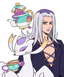  1boy brown_eyes commentary criss-cross_straps crossover grey_hair hashtag-only_commentary highres jojo_no_kimyou_na_bouken kabutom_ue_shi leone_abbacchio long_hair male_focus mienshao pectorals pokemon pokemon_(creature) polteageist purple_lips serious sinistea vento_aureo very_long_hair 