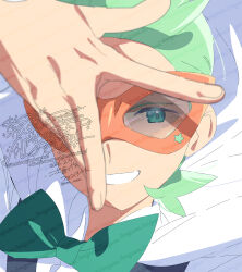  1boy blurry blurry_foreground bow bowtie cilan_(pokemon) eye_mask green_bow green_bowtie green_eyes green_hair grin hand_up highres looking_at_viewer male_focus mask pokemon pokemon_bw portrait serizawa_serizane shirt short_hair simple_background smile solo watermark white_background white_shirt 