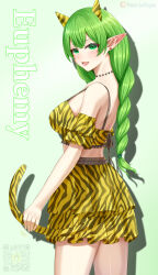 1girl :d absurdres anal_tail animal_print artist_name ass bare_shoulders braid braided_ponytail breasts butt_plug character_name commission commissioner_upload cosplay cowboy_shot earrings elf euphemy_sylvaine fake_tail green_background green_eyes green_hair highres holding_own_tail horns jewelry large_breasts long_hair looking_at_viewer lori_hagami lum lum_(cosplay) official_art open-mouth_smile open_mouth patreon_username pointy_ears ponytail profile qr_code sex_toy simple_background skirt smile solo tail tail_grab tiger_print twitter_logo twitter_username urusei_yatsura username ways_of_darkness_(series) yellow_skirt