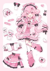  1girl :d ahoge artist_name asymmetrical_legwear bandaid black_bow blush_stickers border bow bow_legwear cardigan collared_shirt commentary cross-laced_clothes cross-laced_sleeves crossed_bangs double-parted_bangs drop_shadow english_commentary footwear_bow full_body hair_between_eyes hair_bow hair_ornament hands_up heart heart_ahoge heart_hair_ornament highres long_hair long_sleeves looking_at_viewer open_cardigan open_clothes open_mouth original outline outside_border pink_border pink_bow pink_cardigan pink_eyes pink_hair pink_skirt pink_socks shirt single_thighhigh skirt sleeves_past_fingers sleeves_past_wrists smile socks solo standing standing_on_one_leg thigh-highs uneven_legwear unworn_clothes white_background white_bow white_outline white_shirt x_hair_ornament yukomeow 