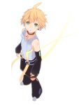  1boy :o bare_shoulders bass_clef belt black_legwear black_shorts black_sleeves blonde_hair bloom d_futagosaikyou detached_sleeves foreshortening from_above full_body headphones hip_gear kagamine_len kagamine_len_(append) leg_warmers looking_at_viewer looking_up male_focus parted_lips pendant_choker shirt shorts sleeveless sleeveless_shirt solo spiky_hair standing vocaloid vocaloid_append white_background white_footwear white_shirt 