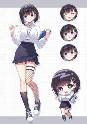  1girl :d ^_^ asymmetrical_legwear black_shoes black_skirt black_socks breasts closed_eyes closed_mouth collared_shirt commentary_request copyright_request dress_shirt frilled_skirt frills grid_background hair_ornament hairclip highres holding holding_pencil lanyard long_sleeves mauve medium_breasts mismatched_legwear multiple_expressions multiple_views pencil puffy_long_sleeves puffy_sleeves shirt shoes single_fishnet_legwear single_thighhigh skirt smile socks standing standing_on_one_leg thigh-highs white_background white_shirt 