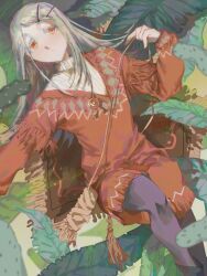  1girl black_pantyhose blonde_hair closed_mouth colored_eyelashes dress feet_out_of_frame gakuen_idolmaster hair_ornament hairclip hashtag-only_commentary holding_strap idolmaster jewelry leaf long_hair long_sleeves looking_at_viewer lying necklace orange_eyes pantyhose parallel_hairclips pendant prototype_design red_dress ribbed_sweater seasonata shinosawa_hiro short_dress solo sweater swept_bangs v-neck white_sweater 