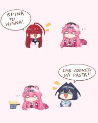  3girls ahoge animal_ears beret blue_hair bow brooch chain elizabeth_rose_bloodflame elizabeth_rose_bloodflame_(1st_costume) english_text fire food hair_intakes hairband hat highres hololive hololive_english jacket jewelry long_hair multicolored_hair multiple_girls open_mouth ouro_kronii ouro_kronii_(1st_costume) panther_ears panther_girl panther_tail pasta pink_hair raora_panthera raora_panthera_(1st_costume) red_hair sappysque short_hair smile streaked_hair tail virtual_youtuber white_hair 