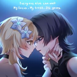  1boy 1girl bare_shoulders black_bodysuit black_bridal_gauntlets black_choker black_hair blonde_hair blue_background blunt_ends blush bodysuit bridal_gauntlets choker couple english_text eye_contact eyeliner face-to-face flower from_side genshin_impact gold_ring hair_flower hair_ornament hand_on_another's_face hand_on_another's_hand hetero highres looking_at_another lumine_(genshin_impact) makeup middle_ring nicbuns open_mouth parted_lips pink_lips profile red_eyeliner scaramouche_(genshin_impact) short_hair short_hair_with_long_locks sidelocks tsurime twitter_username violet_eyes wanderer_(genshin_impact) white_flower white_mouth yellow_eyes 