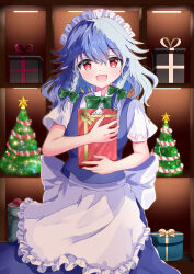  1girl :d absurdres apron back_bow blue_skirt blue_vest bow bowtie box braid christmas christmas_ornaments commentary_request cowboy_shot frilled_apron frills gift gift_box green_bow green_bowtie grey_hair hair_bow highres holding holding_gift izayoi_sakuya looking_at_viewer maid maid_apron maid_headdress mini_christmas_tree open_mouth red_eyes rikiriki200 shirt short_hair short_sleeves skirt smile solo standing touhou twin_braids vest white_apron white_bow white_headdress white_shirt 