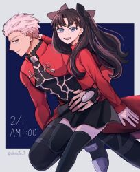  1boy 1girl archer_(fate) black_hair black_skirt blue_eyes fate/stay_night fate_(series) hair_ribbon highres long_hair long_sleeves looking_at_viewer ohmoto_9 open_mouth pants ribbon shirt shrug_(clothing) skirt smile thigh-highs tohsaka_rin turtleneck two_side_up zettai_ryouiki 