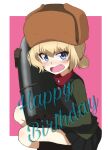  1girl alternate_hairstyle bangs black_footwear black_gloves black_skirt black_vest blonde_hair blue_eyes blush boots border brown_headwear commentary cosplay cursive english_text fang frown fur_hat girls_und_panzer gloves green_jacket hair_tie happy_birthday hat highres holding jacket katyusha_(girls_und_panzer) kayabakoro long_sleeves looking_at_viewer low_twintails military military_uniform miniskirt nina_(girls_und_panzer) nina_(girls_und_panzer)_(cosplay) open_mouth outside_border pink_background pleated_skirt pravda_military_uniform red_shirt shirt short_hair short_twintails simple_background skirt solo squatting tank_shell turtleneck twintails uniform ushanka vest white_border 