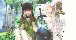  1boy 1other 3girls absurdres advarcher alternate_costume alternate_ears androgynous black_hair blonde_hair blue_eyes commentary cosplay demon_horns dual_persona earrings english_commentary facial_hair ganondorf gerudo gloves green_tunic highres holding_ocarina hololive hololive_english horns hylian_shield instrument jewelry link link_(cosplay) long_hair master_sword multicolored_hair multiple_girls navi nerissa_ravencroft no_headwear ocarina pointy_ears princess_zelda red_hair sheik shield the_legend_of_zelda the_legend_of_zelda:_ocarina_of_time tunic virtual_youtuber 