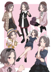  1girl absurdres beret black_boots black_bow black_dress black_hairband black_pantyhose black_ribbon black_skirt black_socks blue_shirt blue_shorts blush boots border bow brown_coat brown_hat cellphone character_name closed_mouth coat commentary dress ebizuka_tomo food_print frilled_shirt frills fruit_print girls_band_cry grey_bow grey_hair grey_hairband hair_bow hair_ribbon hairband hat highres holding holding_own_foot holding_phone jacket killtenshi lemon_print lying multiple_views neck_ribbon no_shoes off-shoulder_shirt off_shoulder on_back open_clothes open_coat open_mouth outside_border pajamas pantyhose phone pillow pink_background pink_jacket pink_shirt purple_pantyhose red_bow red_eyes red_hairband red_hat ribbon shirt short_hair short_sleeves shorts skirt smartphone socks standing white_border white_bow white_hairband white_skirt 