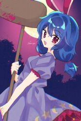  1girl :d animal_ears blonde_hair blood blood_on_weapon blush breasts commentary_request cowboy_shot double-parted_bangs dress frilled_dress frills full_moon highres holding holding_mallet katsuragi_atori looking_at_viewer low_ponytail mallet moon moon_print open_mouth ponytail puffy_short_sleeves puffy_sleeves purple_dress rabbit_ears rabbit_girl red_eyes seiran_(touhou) short_sleeves small_breasts smile solo standing star_(symbol) star_print touhou twitter_username two-handed weapon 